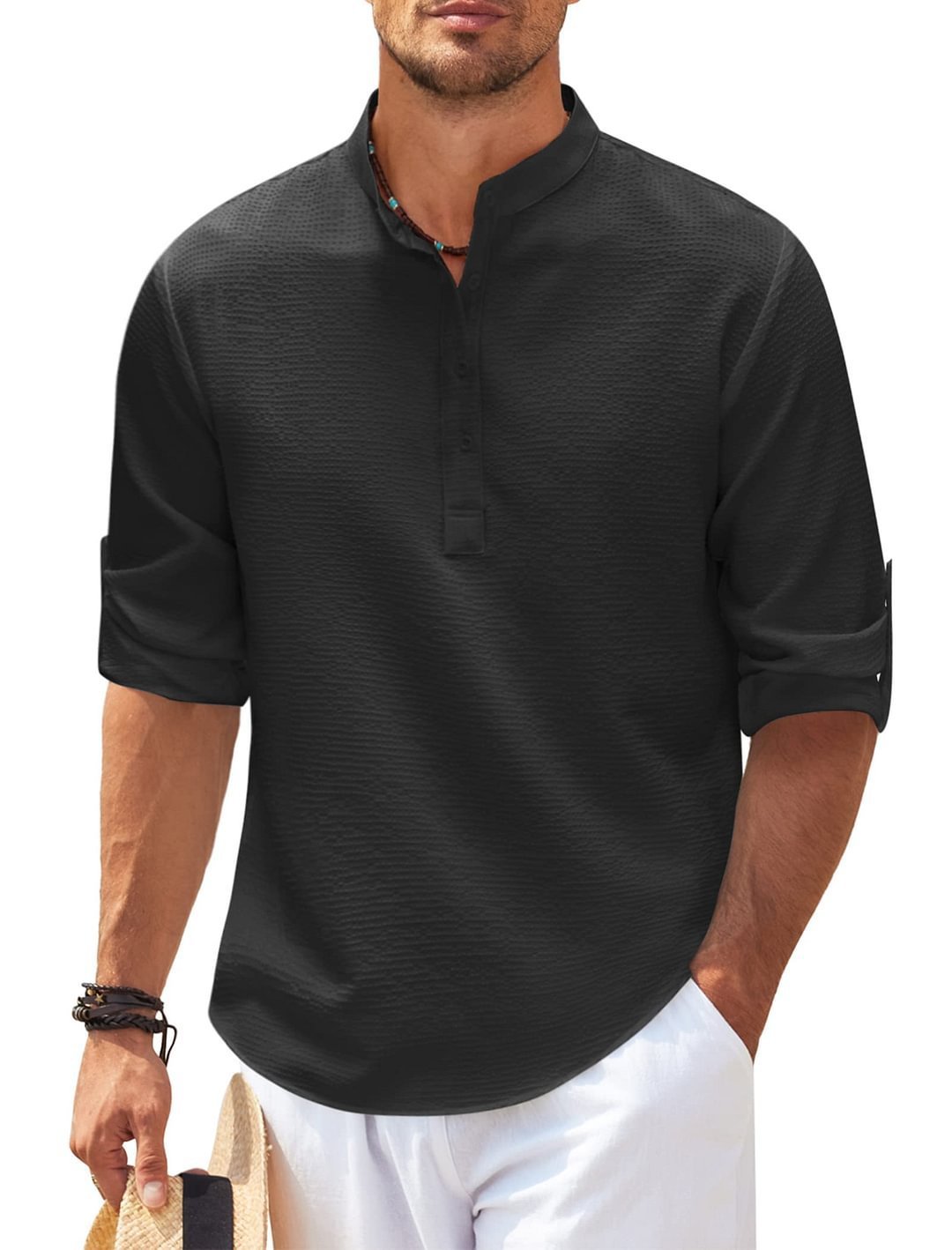 Camicia Casual Uomo a Maniche Lunghe con Collo alla Coreana