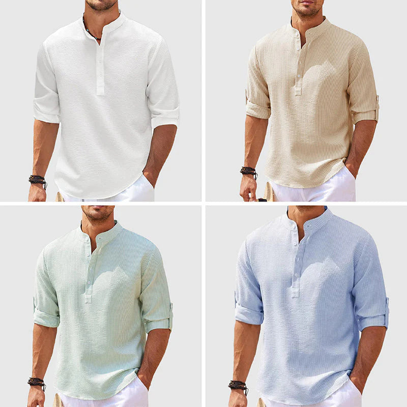 Camicia Casual Uomo a Maniche Lunghe con Collo alla Coreana