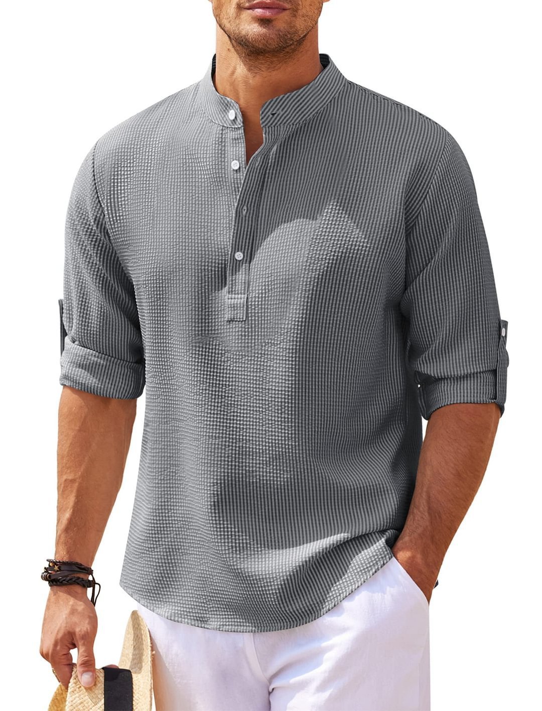 Camicia Casual Uomo a Maniche Lunghe con Collo alla Coreana