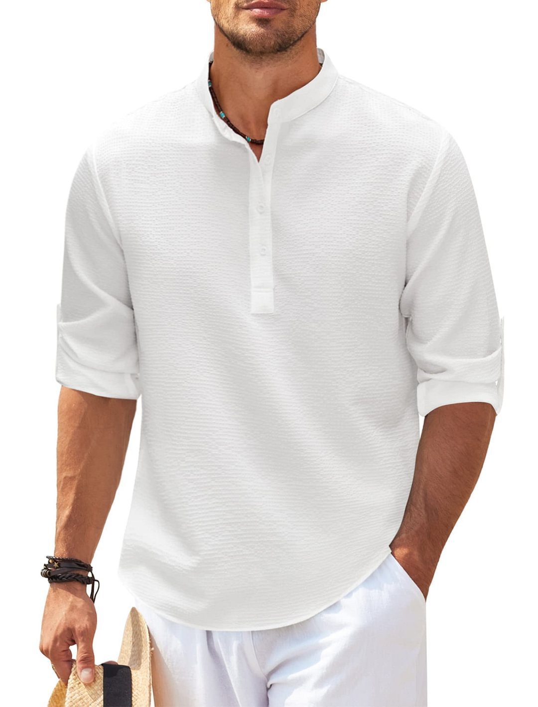 Camicia Casual Uomo a Maniche Lunghe con Collo alla Coreana