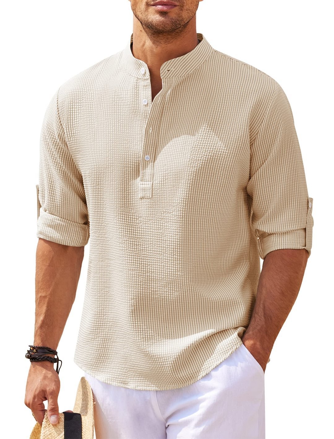 Camicia Casual Uomo a Maniche Lunghe con Collo alla Coreana