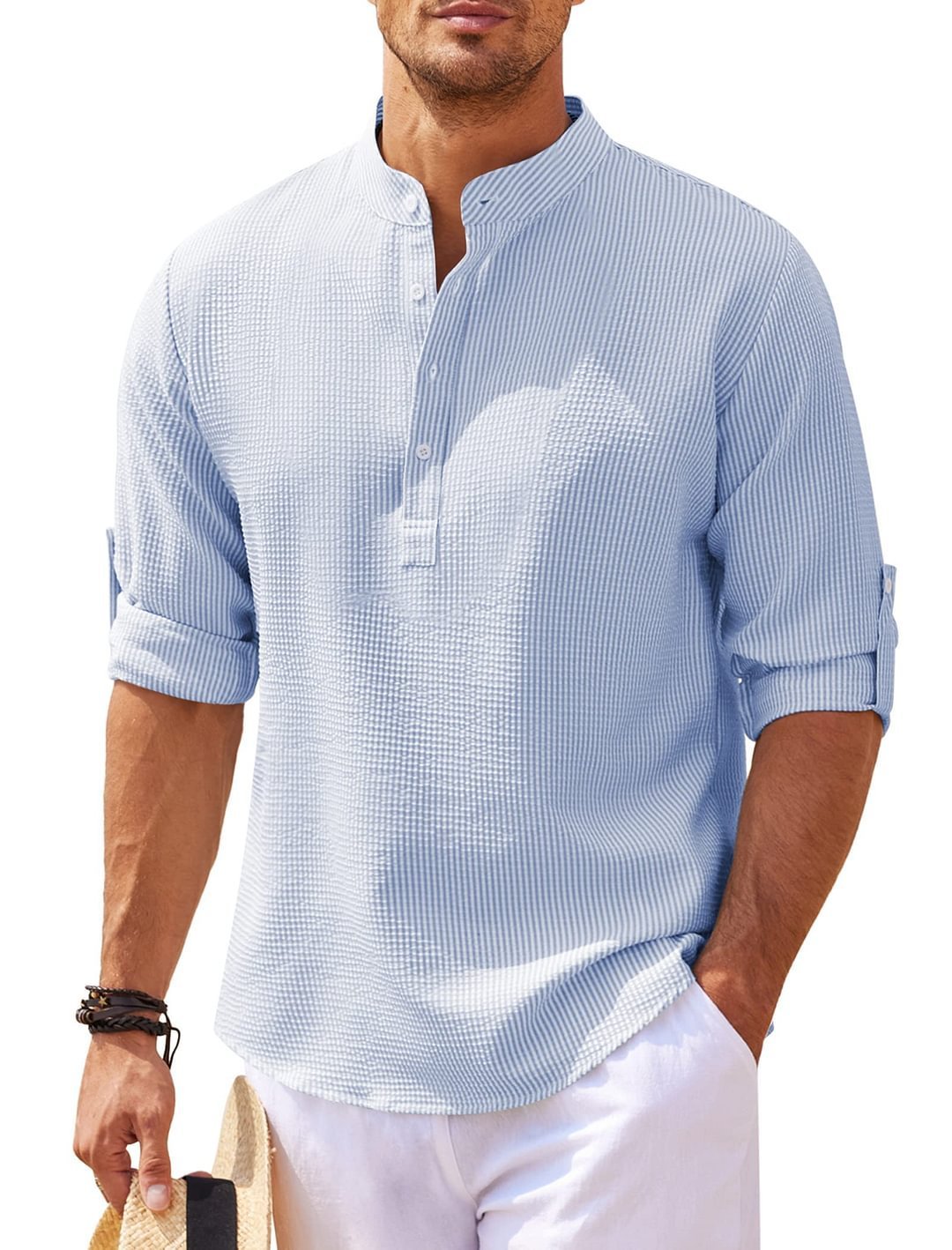 Camicia Casual Uomo a Maniche Lunghe con Collo alla Coreana