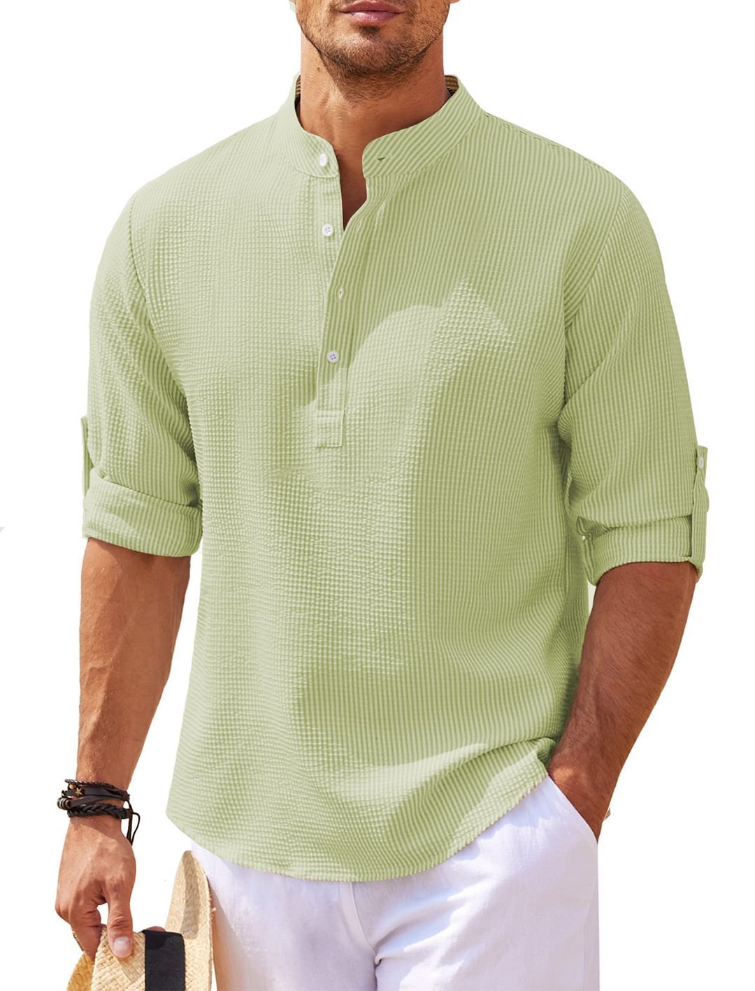 Camicia Casual Uomo a Maniche Lunghe con Collo alla Coreana