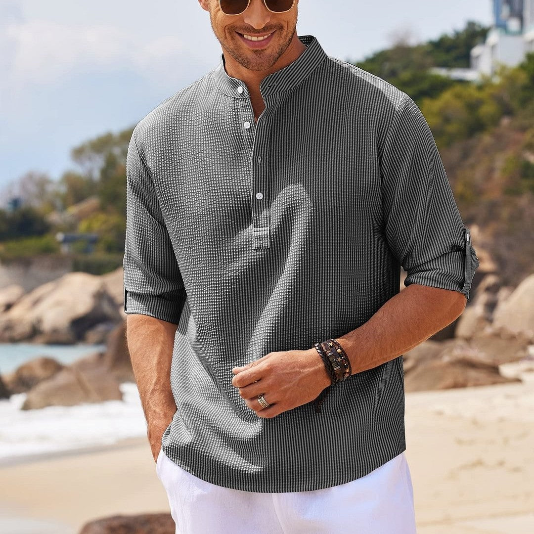 Camicia Casual Uomo a Maniche Lunghe con Collo alla Coreana