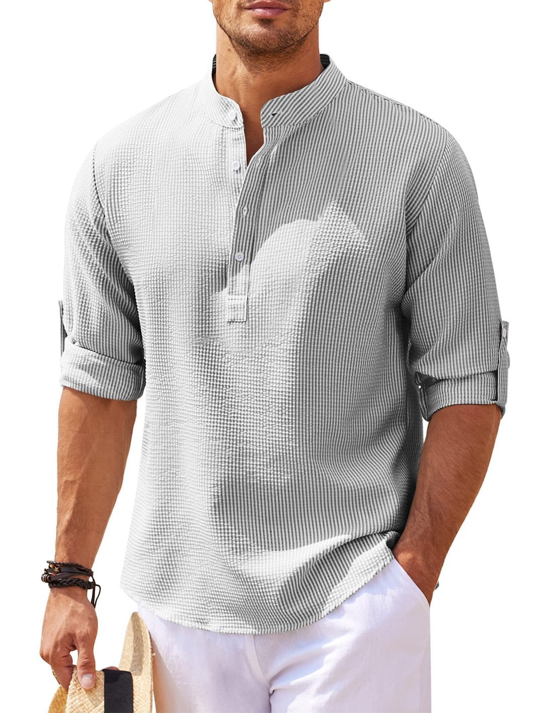 Camicia Casual Uomo a Maniche Lunghe con Collo alla Coreana